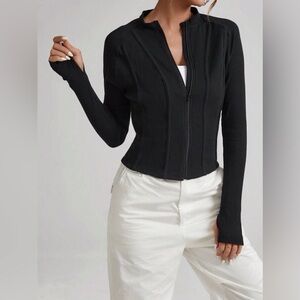 Black Knitted Long Sleeve Zip Up Top